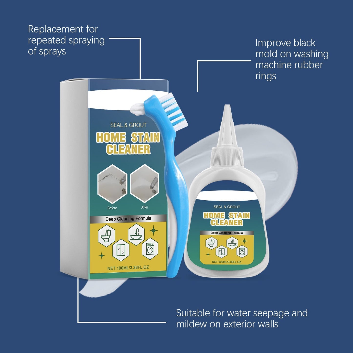 Braveloncosh® Household Stain Remover Gel 🧴, Deep Cleaning Gel with Brush 🧽, perfect for tile grout 🏠, washing machine seals 🧺, refrigerator rubber ❄️, wall and shower stains 🚿